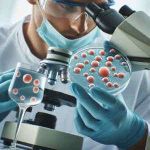 A close-up view of a scientist in a laboratory, examining stem cells through a microscope, highlighting the meticulous research and technology behind regenerative medicine.