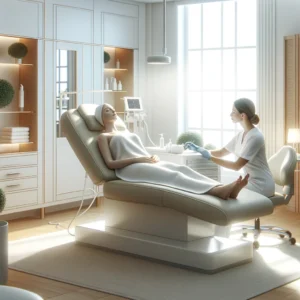 An aesthetic clinic's treatment room showcasing a patient receiving a regenerative facial treatment in a modern, serene setting, emphasizing the comfort and advanced care provided by these procedures