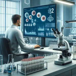 researcher analyzing stem cell research and PRP therapy results. This image features contemporary scientific equipment and a digital display with graphs and data, reflecting the current state of research in regenerative medicine for cosmetic procedures.